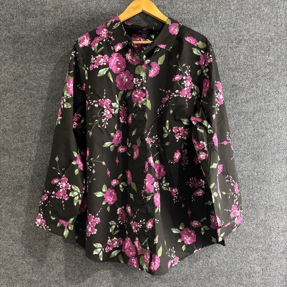 ROAMAN’S Womens Floral Button Up Top Size 24W Black Long Sleeve Office Career